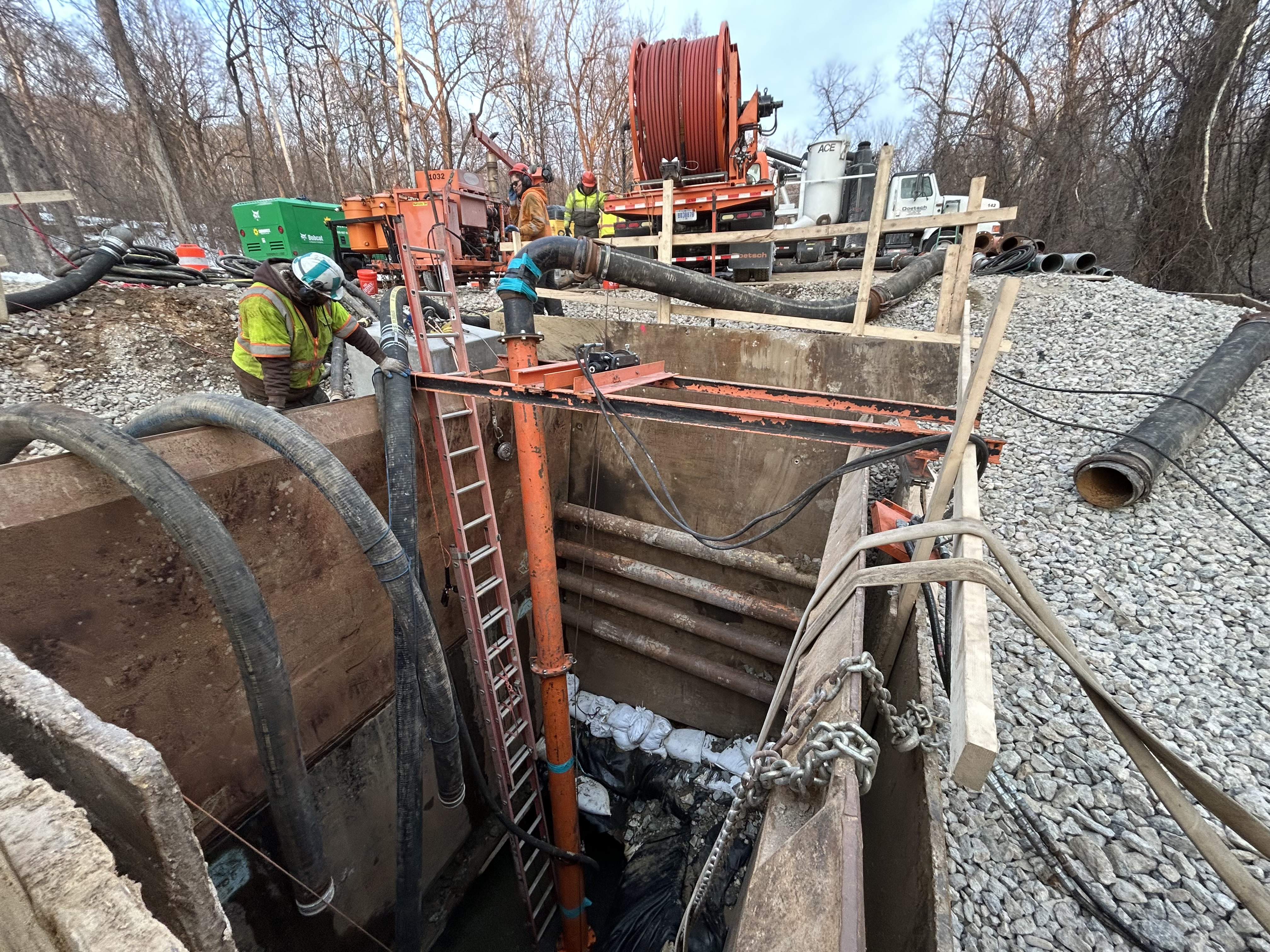 Construction activity at the site of the pipe collapse