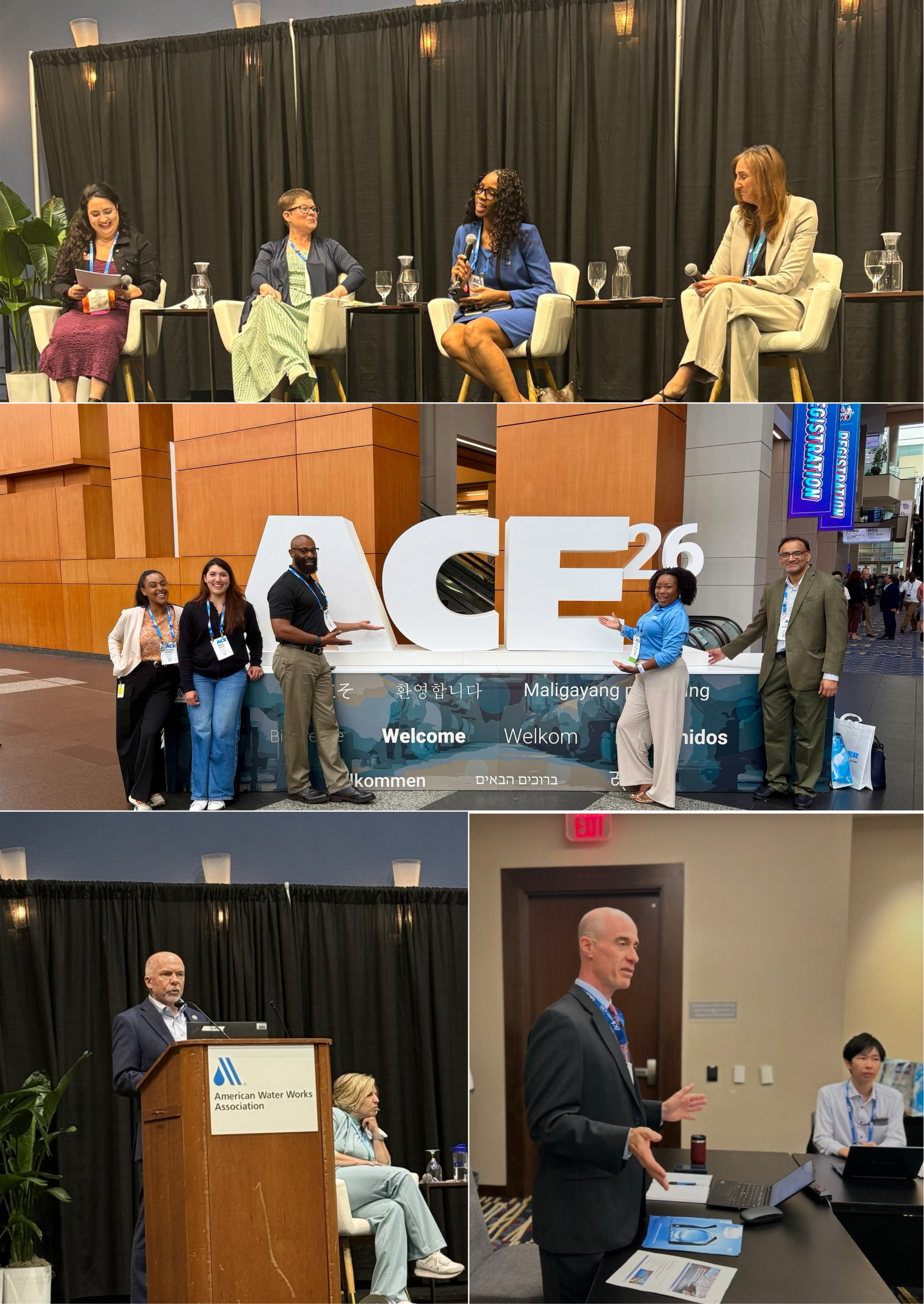 Five photos from the American Water Works Association (AWWA) ACE26 conference featuring panel discussions, technical presentations, networking, and attendees posing at the ACE26 display.
