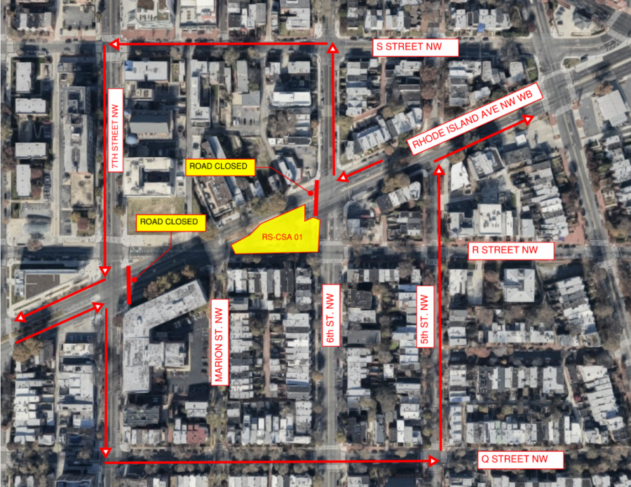 Map of the detour route around the 100-block of Rhode Island Avenue NW