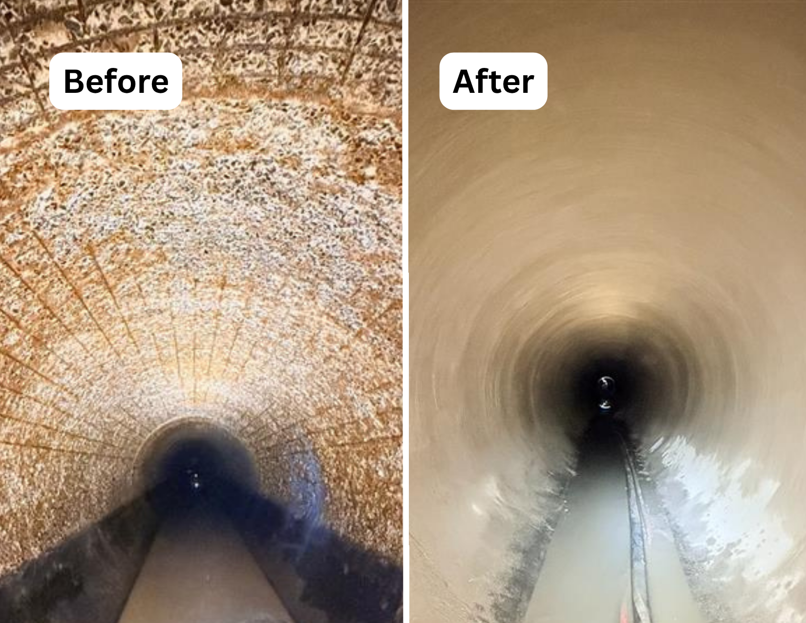 Before and After Photo of pipe at Pennyfield Lock. Before shows exposed rebar, worn concrete and corrossiosn. After shows geopolymer that is clean and smooth