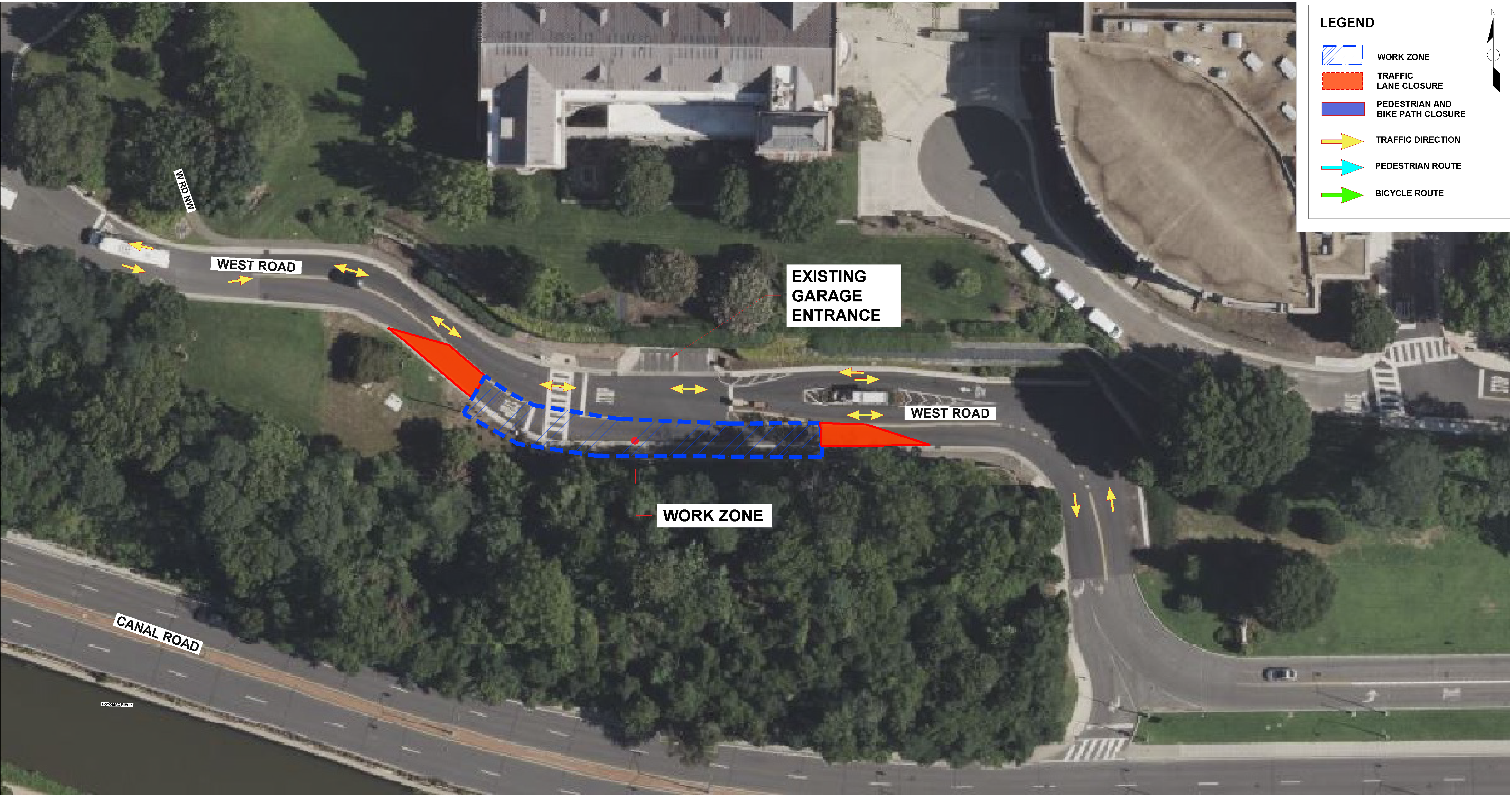 Map B: This map illustrates the sidewalk closure, lane closure and pedestrian detour route. Blue arrows indicate pedestrian paths, green arrows show bicycle routes, and the yellow arrows represent motorist directions.