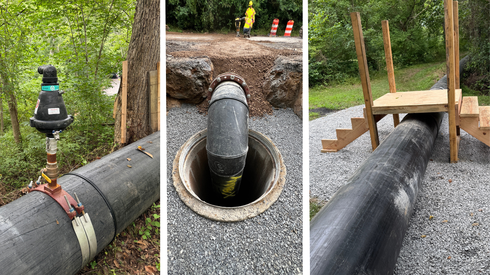 bypass pipeline on left, center bypass pump, right bypass pipeline with stairs to cross