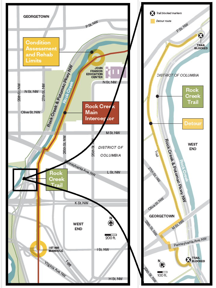 Map of full project area next to map of Rock Creek Trail Site