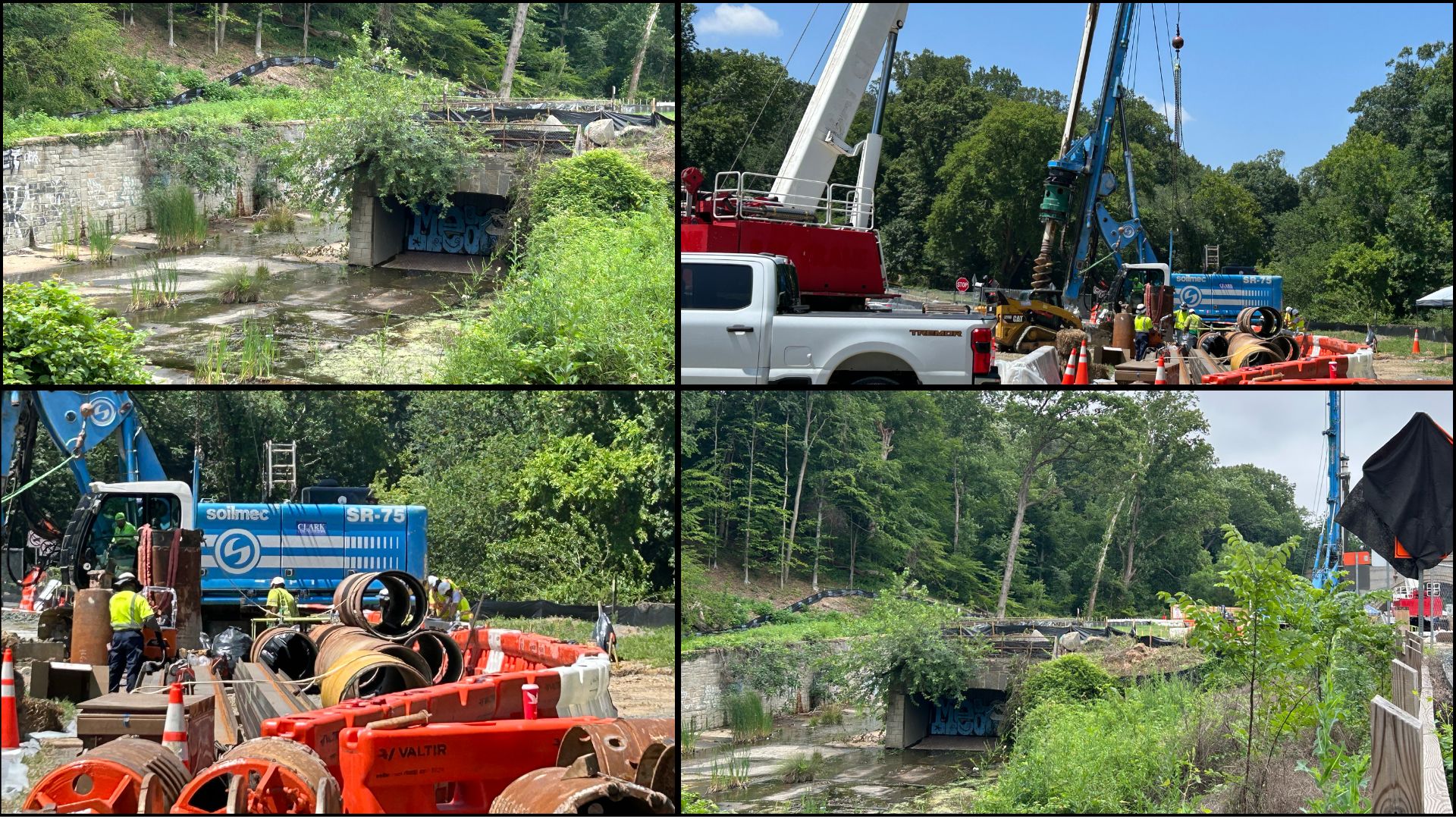 Four photos showing construction at the site and the area where the overflow of wastewater and stormwater are released