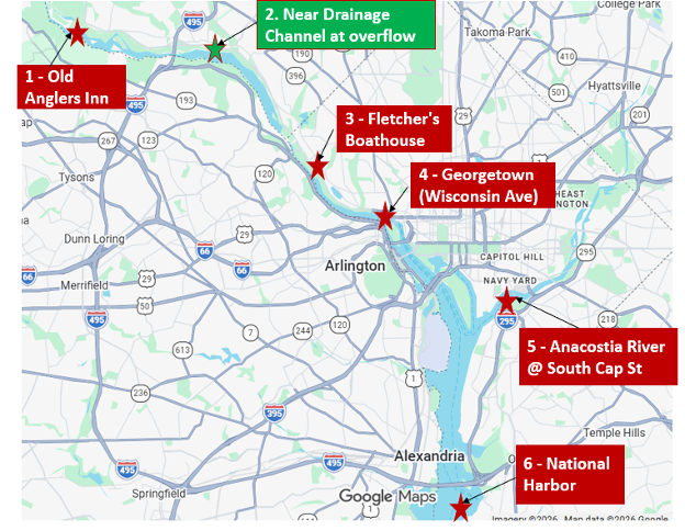 Map of six testing locations. Old Angler's Inn, Drainage Channel Near Lock 10, Fletcher's Boathouse, Georgetown, Anacostia River South Capital St and National Harbor
