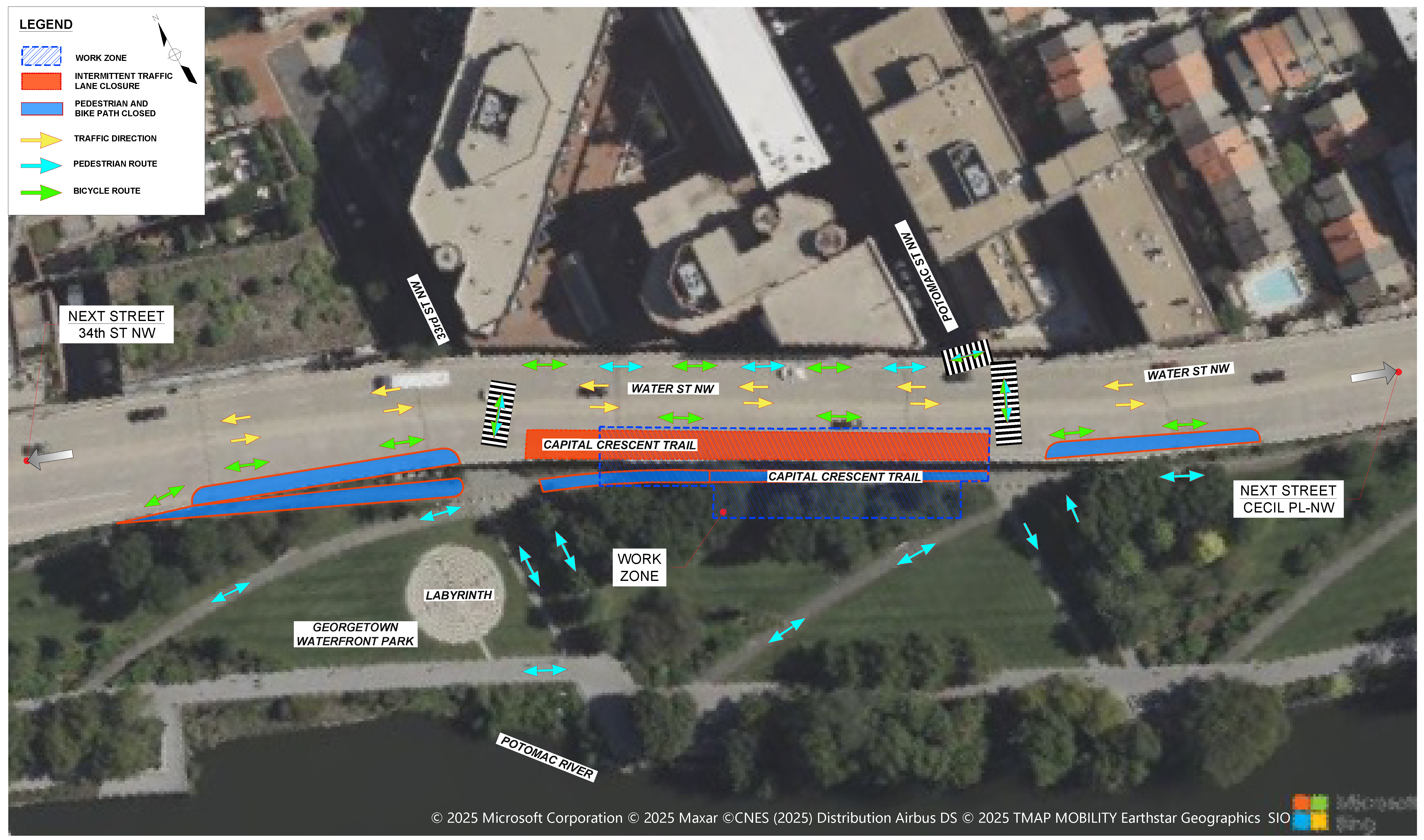Image of Water Street and Capital Crescent Trail showing lane and trail closure