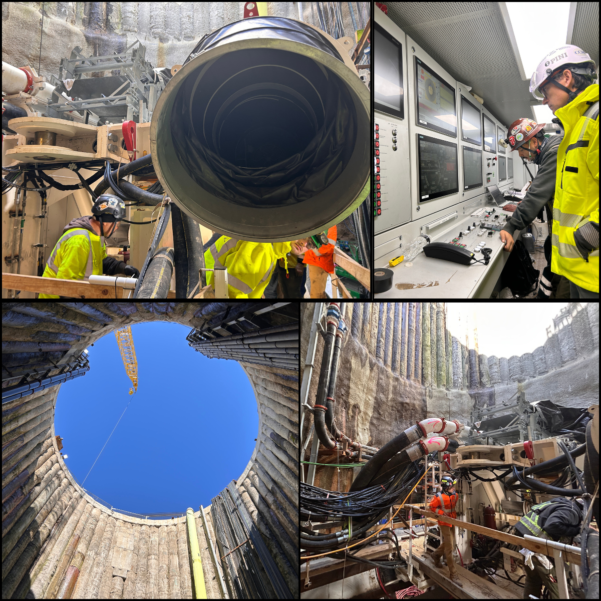 four photos of Mary launch including slurry treatment, control center, shaft view 