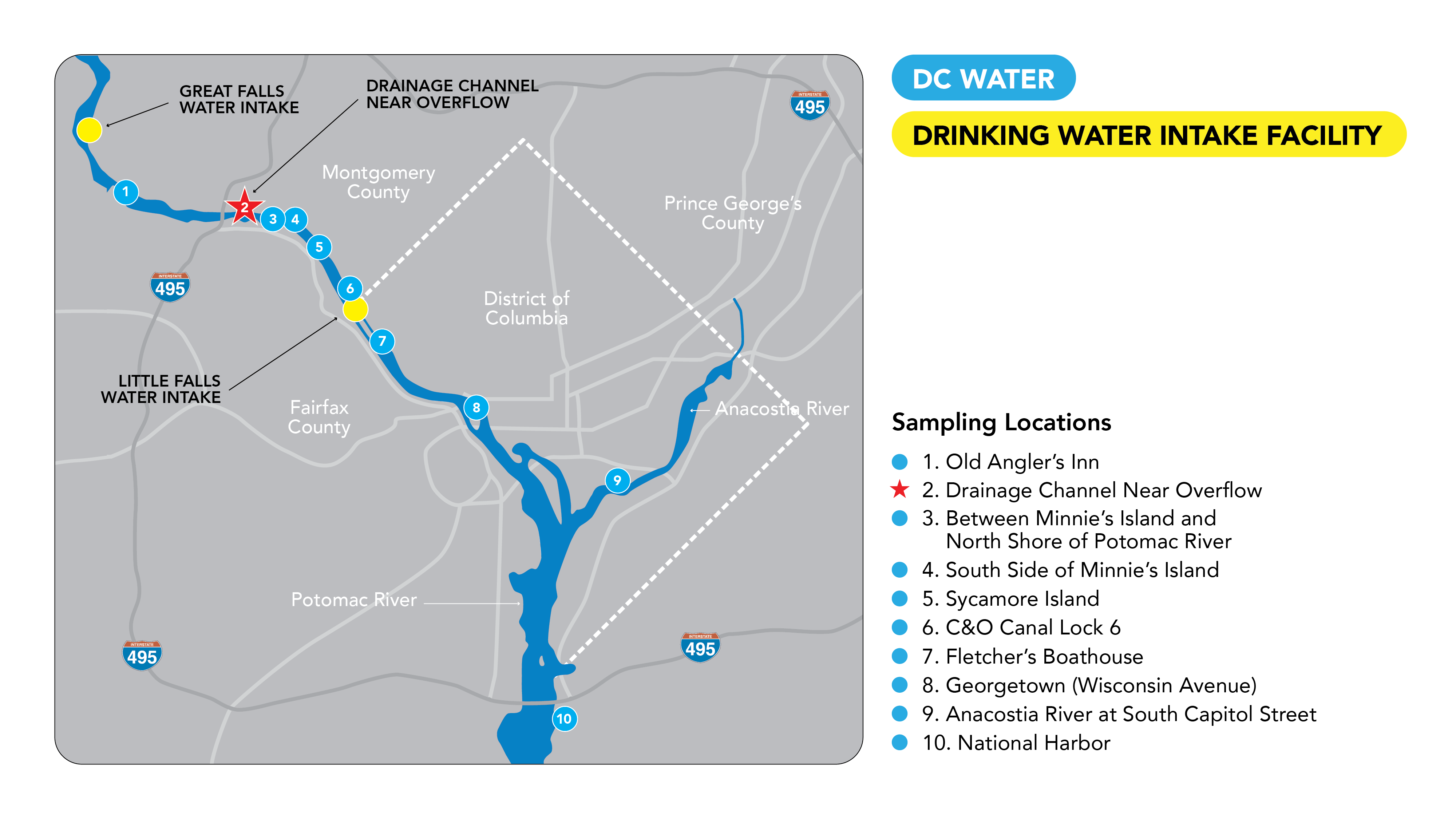 Map of all 10 DC Water Water Quality Samplling Locations