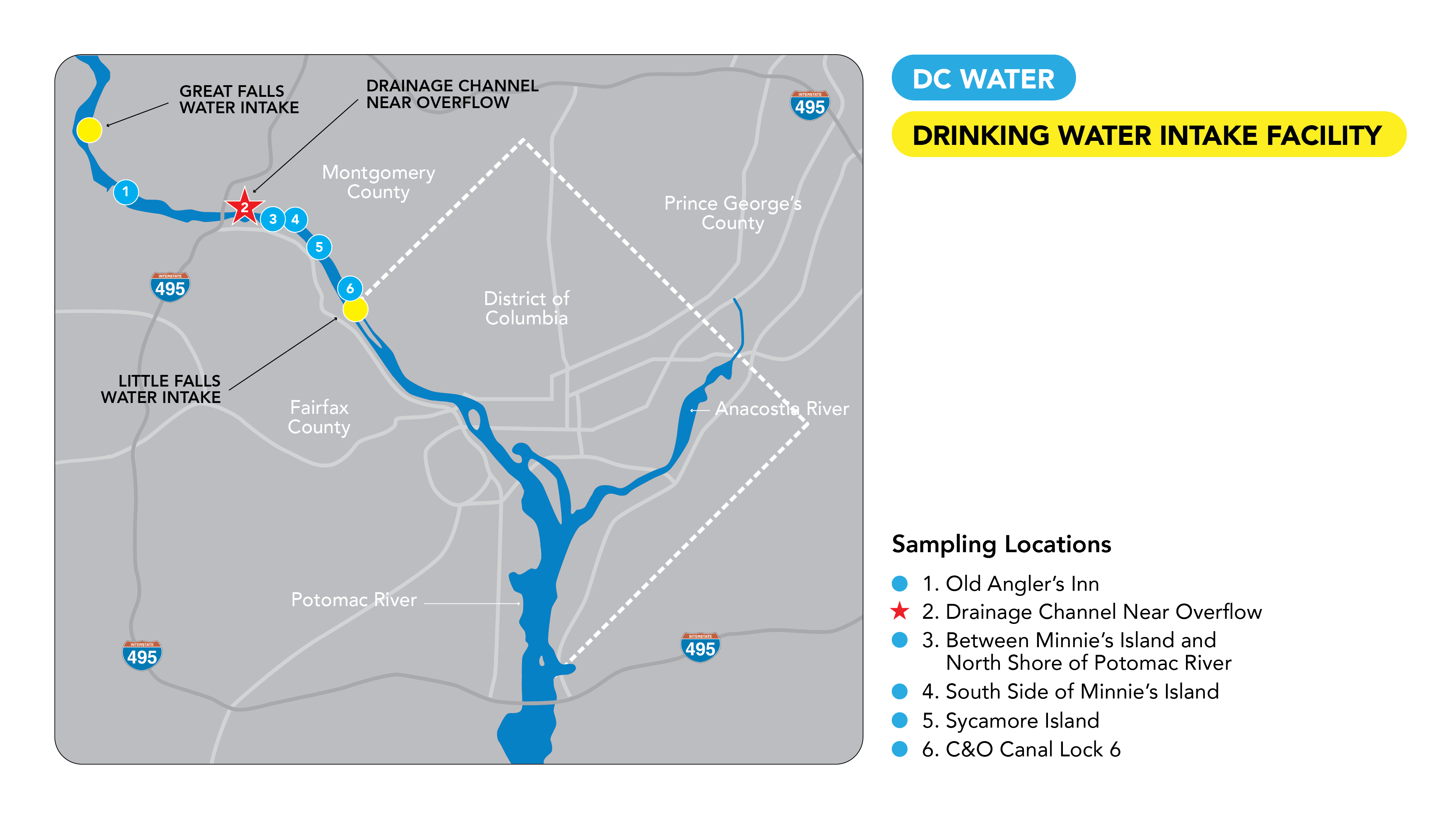 Map of the six water quality sampling locations as of August 9, 2026