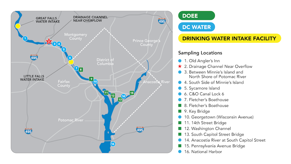 Map showing DC Water and DOEE sampling locations