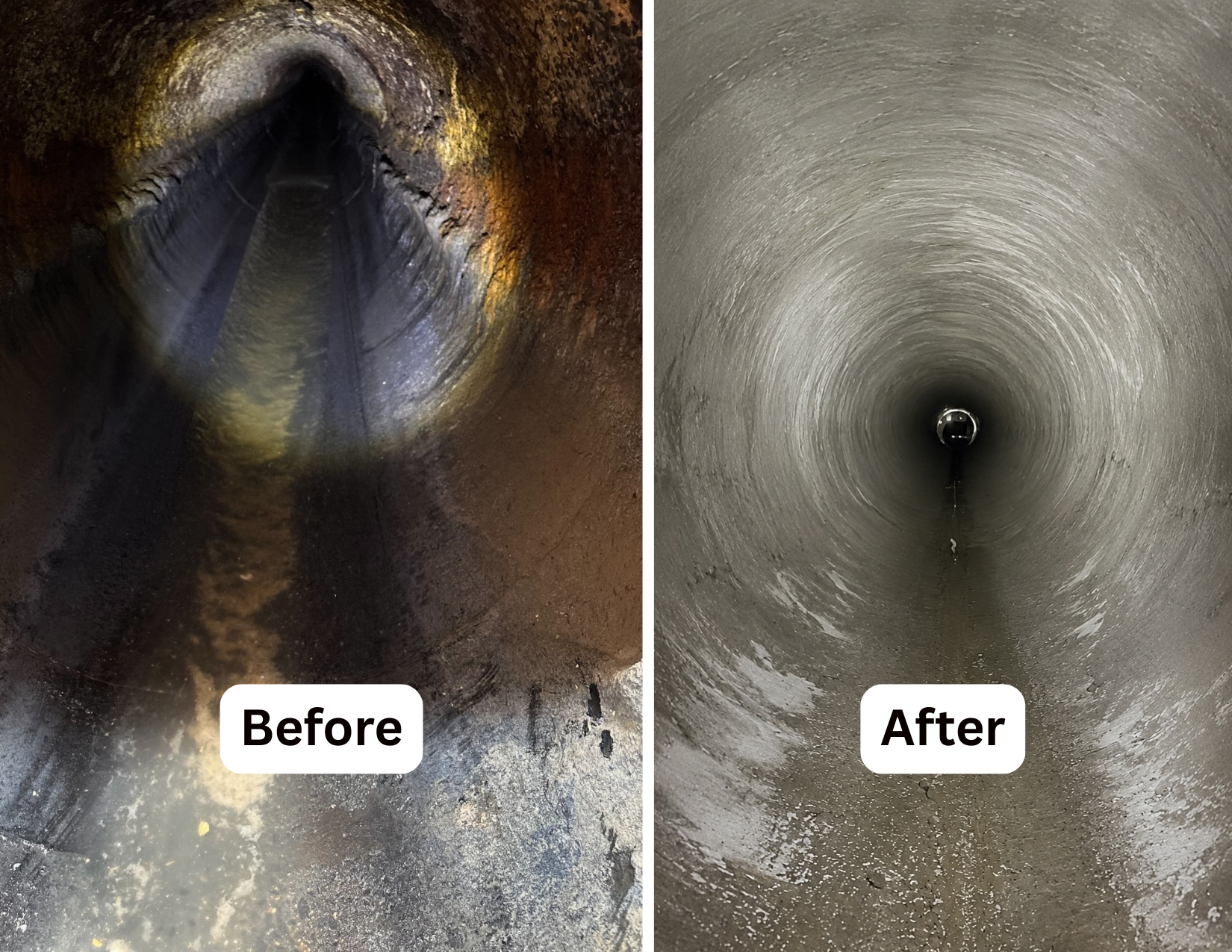 Pipe section before showing exposed rebar and corrosion next to pipe section with geopolymer applied and looks brand new