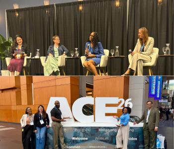 Five photos from the American Water Works Association (AWWA) ACE26 conference featuring panel discussions, technical presentations, networking, and attendees posing at the ACE26 display.