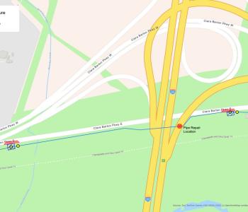 Map of Clara Barton Parkway near 495 with lane closures marked and site of incident damage