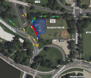 Map of traffic detours around tree removal work zone