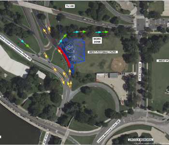 Potomac River Tunnel Project Ohio Drive to I-66 ramp utility investigation Map showing lane closure from Ohio Drive to I-66 ramp