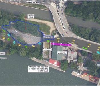 Map: The new trail route south of the work zone is a shared path for pedestrians, bicyclists, and motorists visiting the Washington Canoe Club.