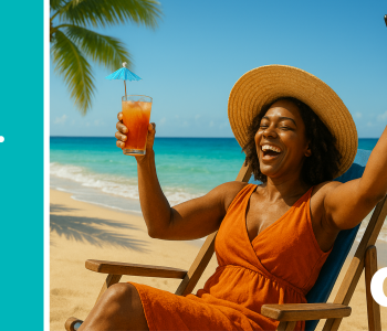 Image of woman enjoying the beach with her phone in hand and the words Bill. Click. Pay. With Pay struck out and Play added.