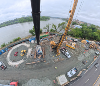 Aerial View of Construction near Watergate Complex Shows cranes and construction of drop shaft underway