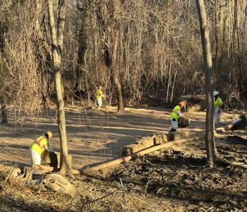 Workers putting down rye and matting for soil stabilization