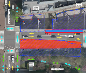 The map highlights lane closures in red on K Street NW between 29th and 30th streets NW.