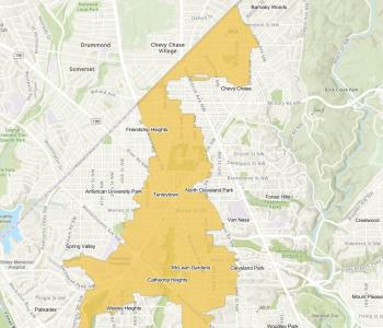 Map of impacted areas in Upper Northwest areas in  Chevy Chase DC, Friendship Heights, Tenleytown, AU Park, Spring Valley, Cleveland Park, Woodley Park, Van Ness, Glover Park, Wesley Heights, and Cathedral Heights