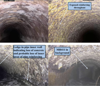 Four CCTV images of the pipe showing the condition of particular areas of the pipe