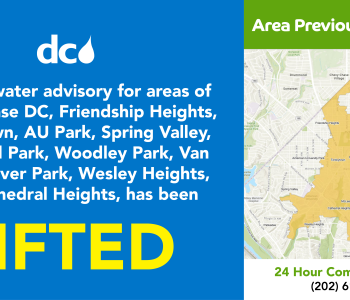 Graphic saying BWA lifted and listing areas and map in Upper Northwest DC including some or all of the Chevy Chase DC, Friendship Heights, Tenleytown, AU Park, Spring Valley, Cleveland Park, Woodley Park, Van Ness, Glover Park, Wesley Heights, and Cathedral Heights 