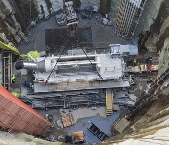 Last gantry at the bottom of the shaft where crews connect it