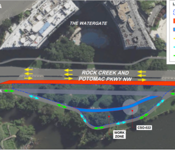 Map: Temporary closure of the southbound curb lane on Rock Creek and Potomac Parkway NW