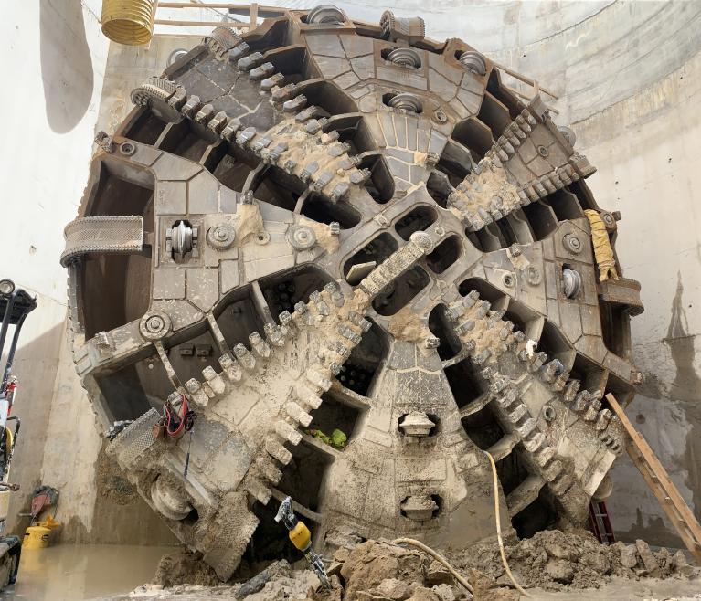 View the tunnel boring machine cutterhead. Image of the tunnel boring machine cutterhead.