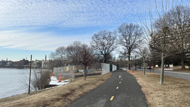 View of the construction staging area adjacent to the Rock Creek Trail. View of the construction staging area adjacent to the Rock Creek Trail.