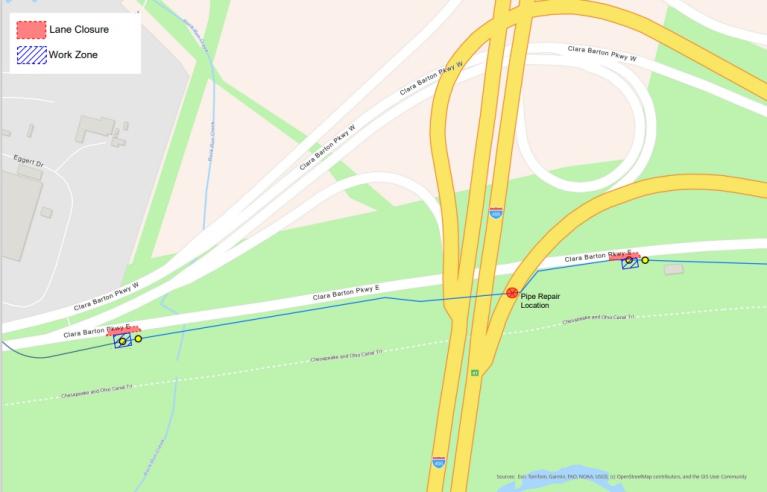 Clara Barton Parkway Lane Closure Map Map of Clara Barton Parkway near 495 with lane closures marked and site of incident damage