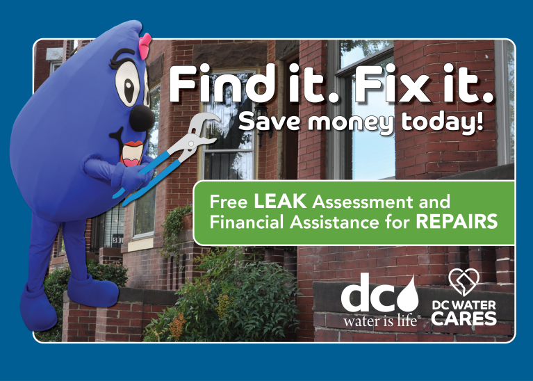 Leak Assessment & Repair Program Graphic image of Wendy mascot with a wrench next to rowhouses