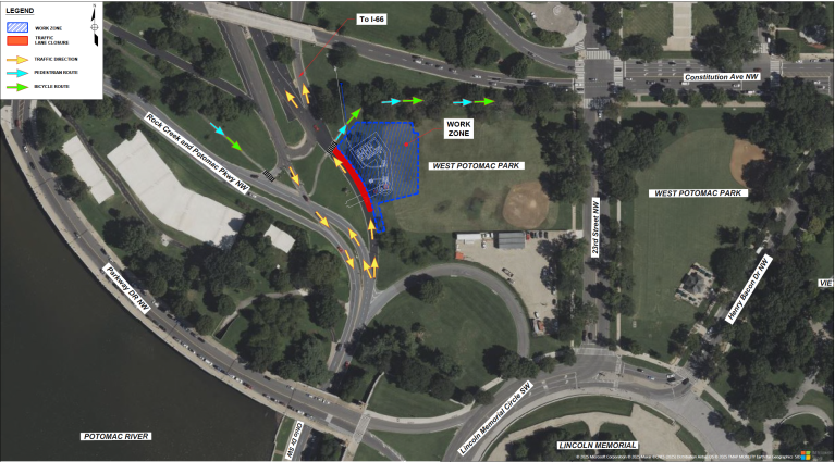 Potomac River Tunnel Project Ohio Drive to I-66 ramp utility investigation Map showing lane closure from Ohio Drive to I-66 ramp