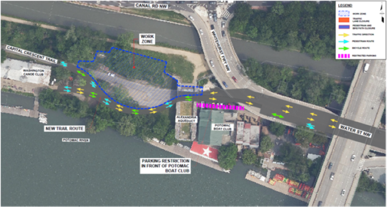 Capital Crescent Trail Detour & Construction Activity Map: The new trail route south of the work zone is a shared path for pedestrians, bicyclists, and motorists visiting the Washington Canoe Club.
