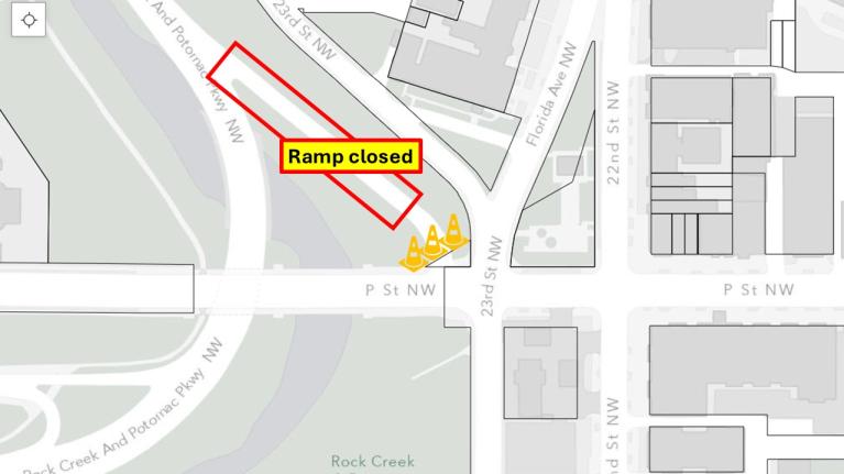 Map of ramp from P Street NW onto Rock Creek Parkway