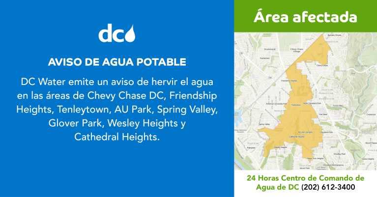 Boil Water Advisory Graphic in Spanish Spanish map of affected areas and list