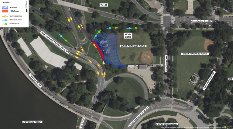 I-66 and Ohio Drive Southwest Lane Closure Map of construction area and road closures