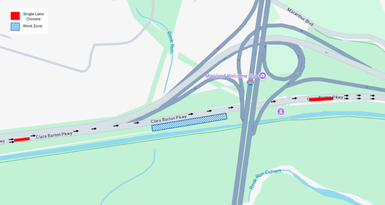 Clara Barton Parkway Potomac Interceptor Construction Map of construction area on Clara Barton Parkway near I495