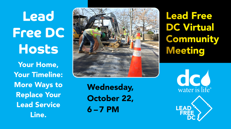 DC Water Lead Free DC October Virtual Meeting Graphic showing LFDC work on a block, date and time of the virtual meeting