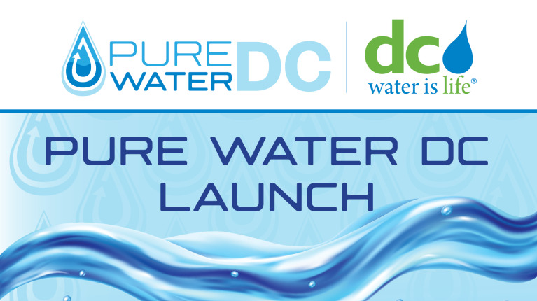Pure Water DC Logo with DC Water Logo and the text Pure Water DC Launch over graphic image of water