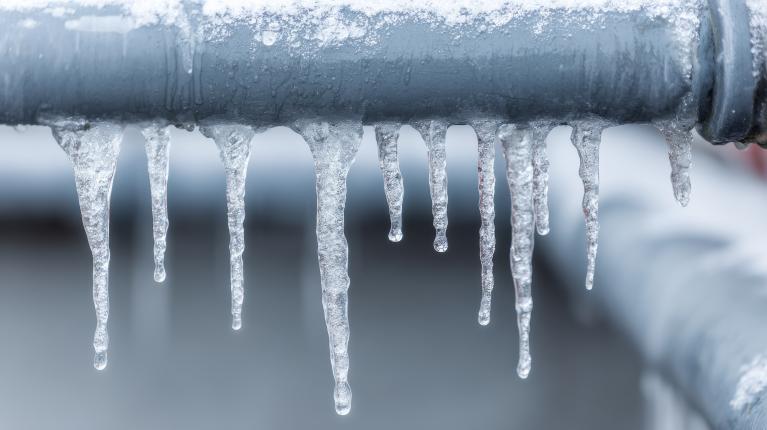 Picture of frozen water pipes with icicles hanging off of them