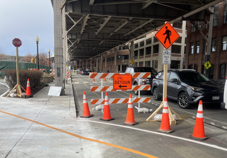 Picture of new bike pedestrian path and traffic detour