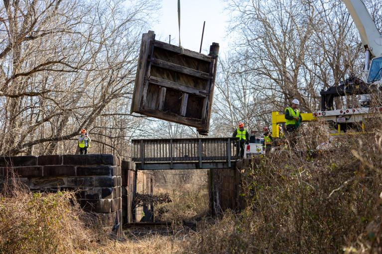A gate is removed at Lock 11 on the C & O Canal