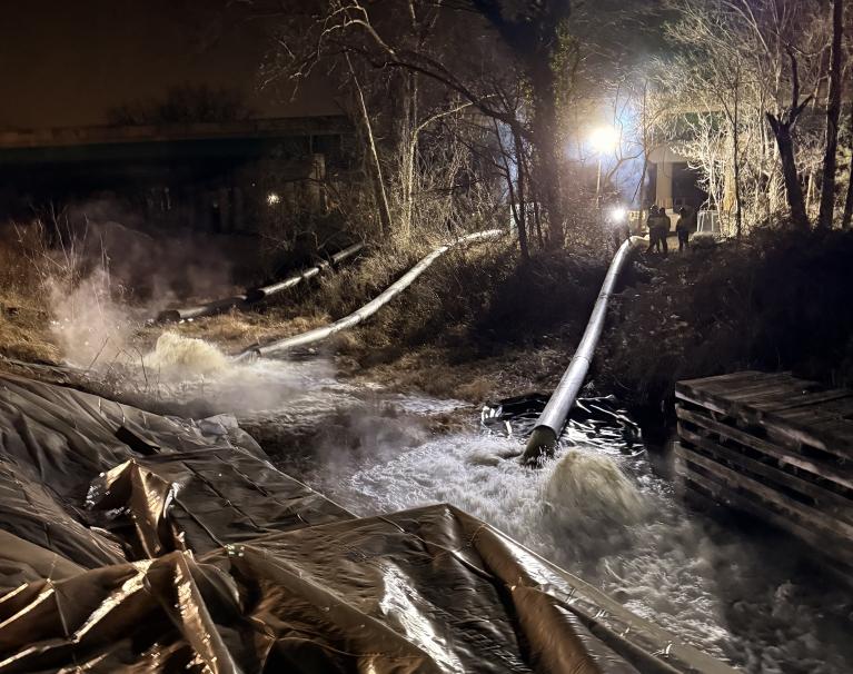 Pipes from three of the pumps discharge flow into the C&O Canal