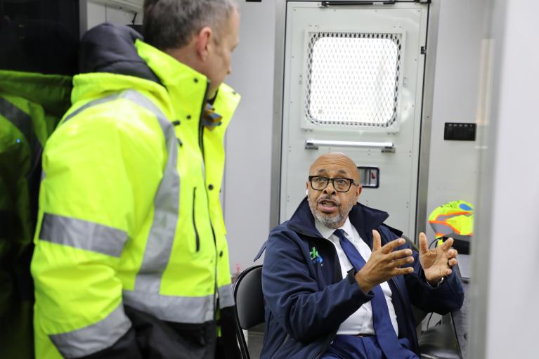 DC Water CEO David Gadis talks to Chief Operating Officer Matt Brown on site.