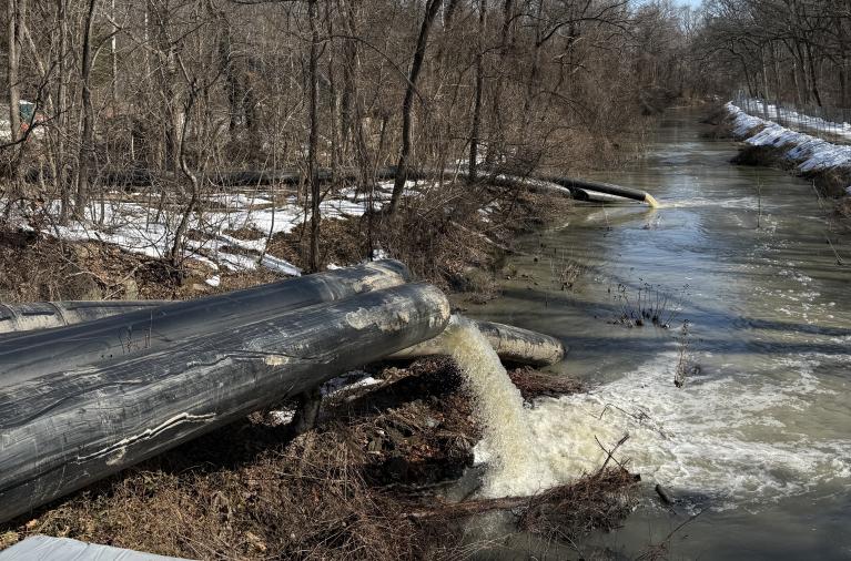 Bypass pumps in operation to reroute wastewater around the break