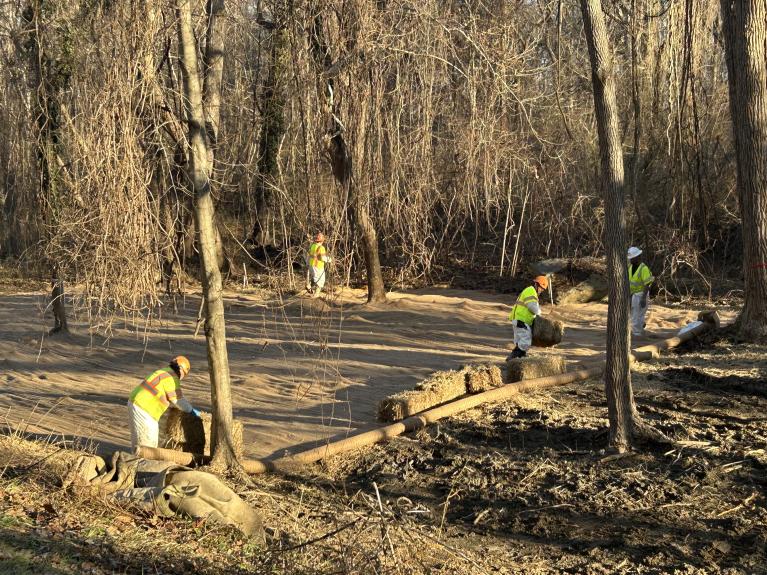 Workers putting down rye and matting for soil stabilization