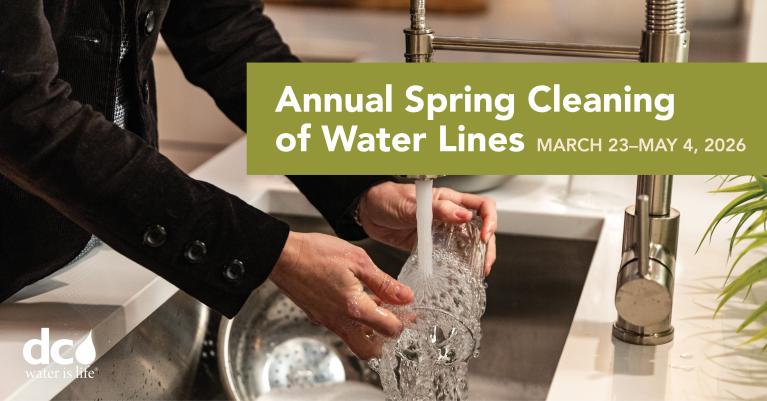 Photo of someone using the tap water with the dates of the annual water line cleaning March 23 - May 4