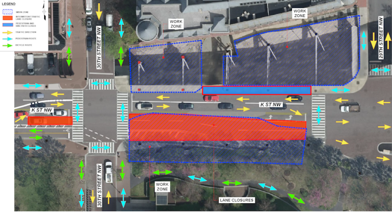 The map highlights lane closures in red on K Street NW between 29th and 30th streets NW.